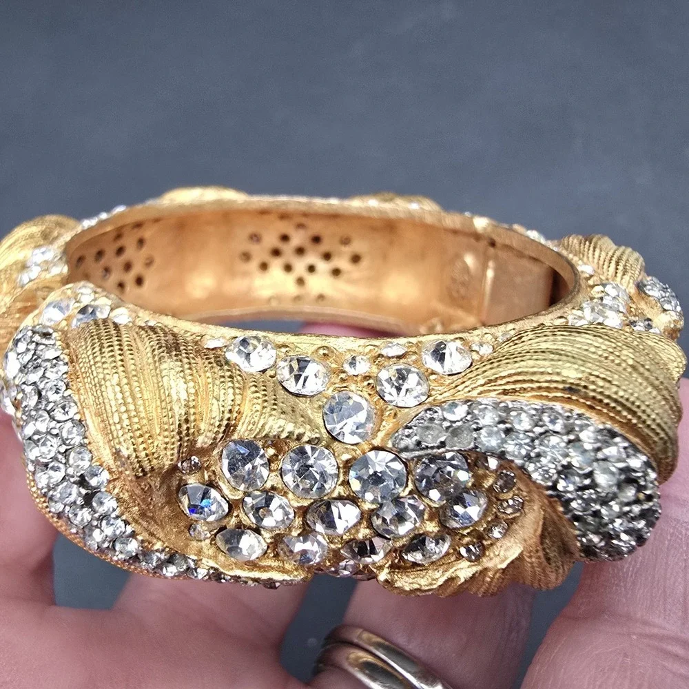 Vintage Cadoro Textured Gold Tone Wide Metal Bangle Bracelet Rhinestone Hinged